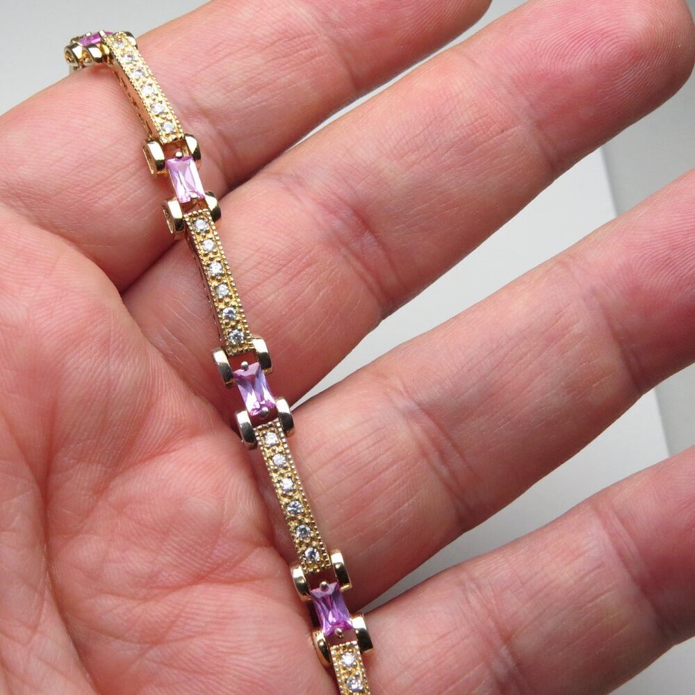 14k Sterling Silver Diamond & Pink Sapphire Bracelet